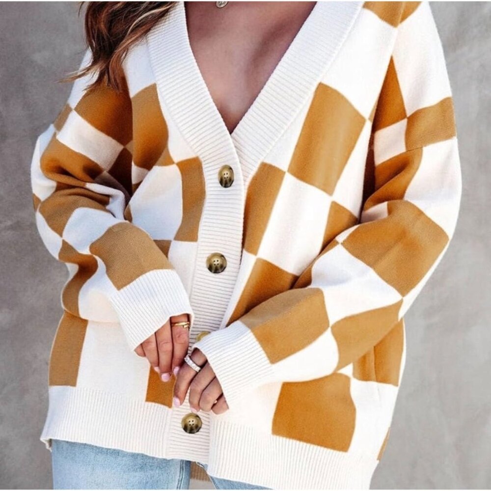 Brown & White Checkered Button-Up Cardigan Sweater V-Neck Soft Knit‎ Large